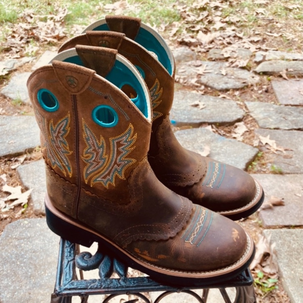 SOLD - different platform Brown and Teal Western Cowboy Boots Fat Baby “Shelia” - Picture 1 of 13